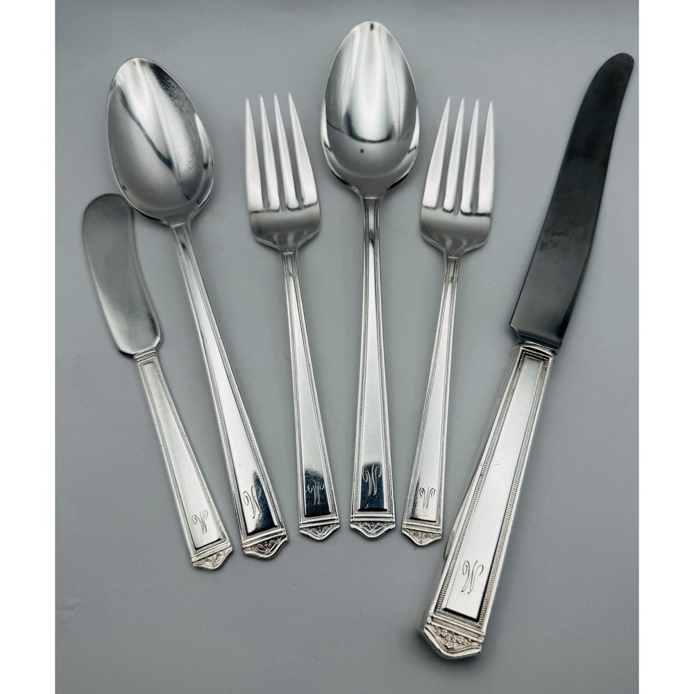 1847 Rogers Bros ANNIVERSARY Silverplate 6 Pc Monogram W 1923 Vintage Art Deco